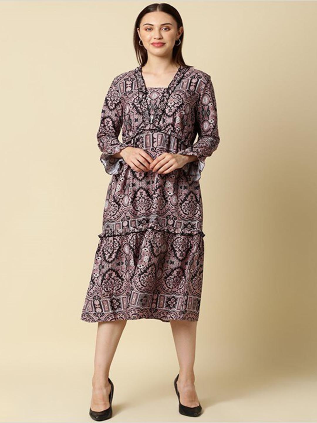 

Aila Ethnic Motifs Printed V-Neck Bell Sleeve Gathered Tiered A-Line Midi Dress, Black