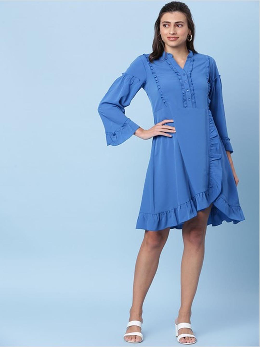 

Aila Mandarin Collar A-Line Dress, Blue