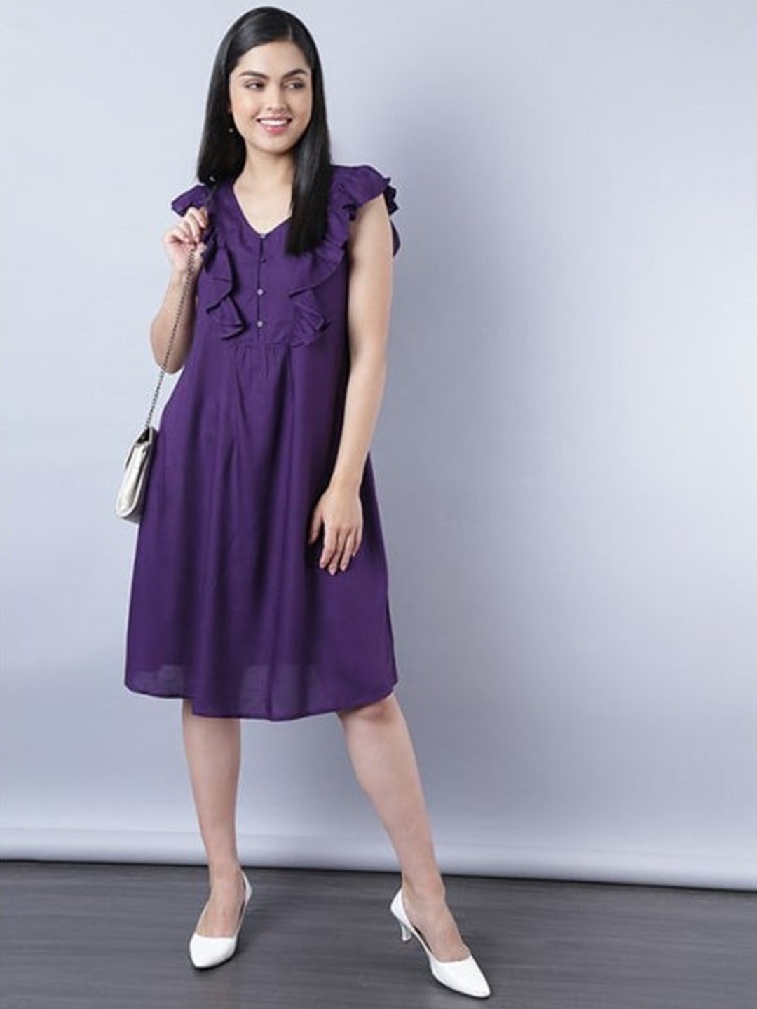 

Aila Ruffles Cotton A-Line Midi Dress, Purple