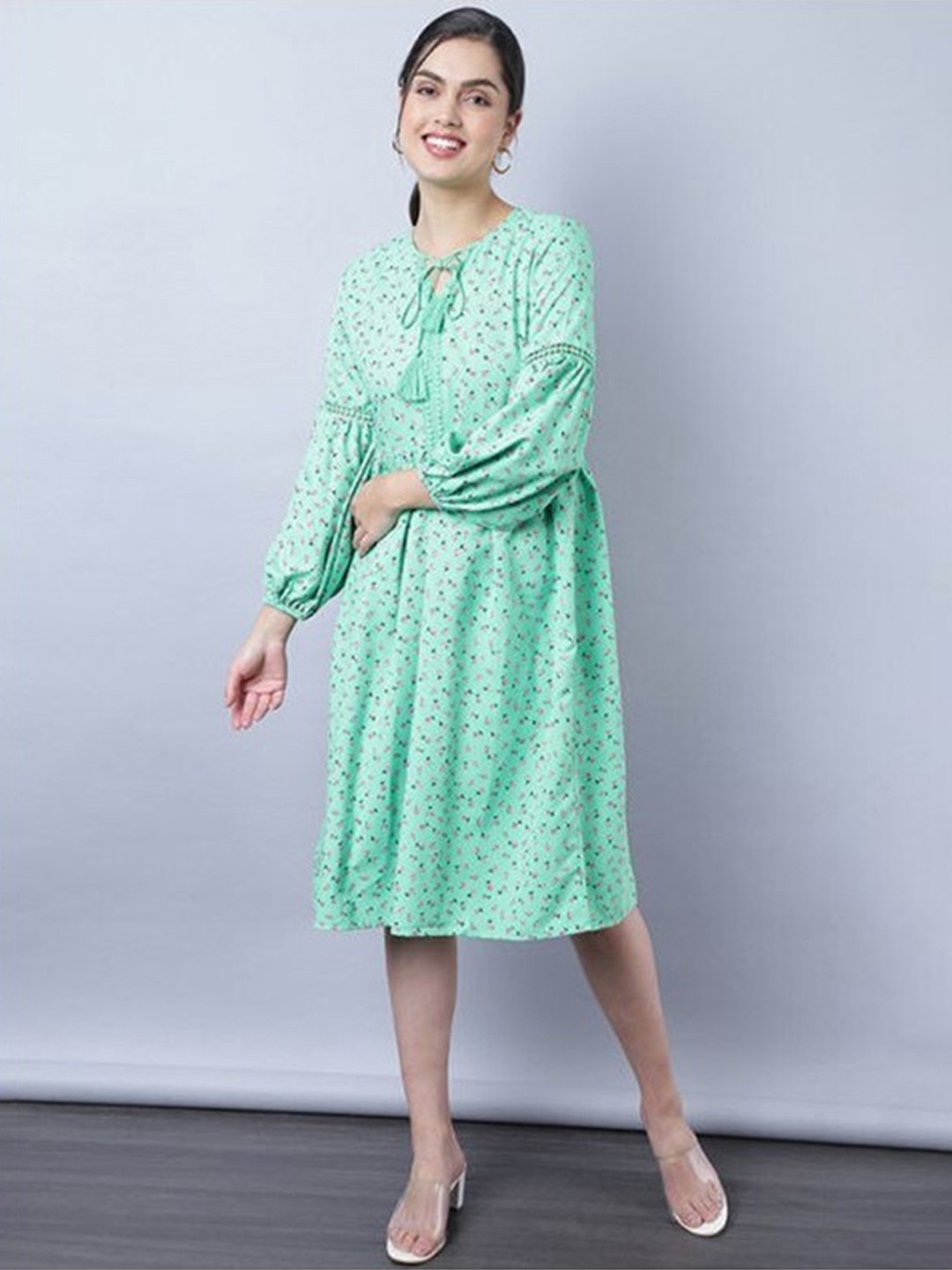 

Aila Floral Printed Cotton Fit & Flare Midi Dress, Green
