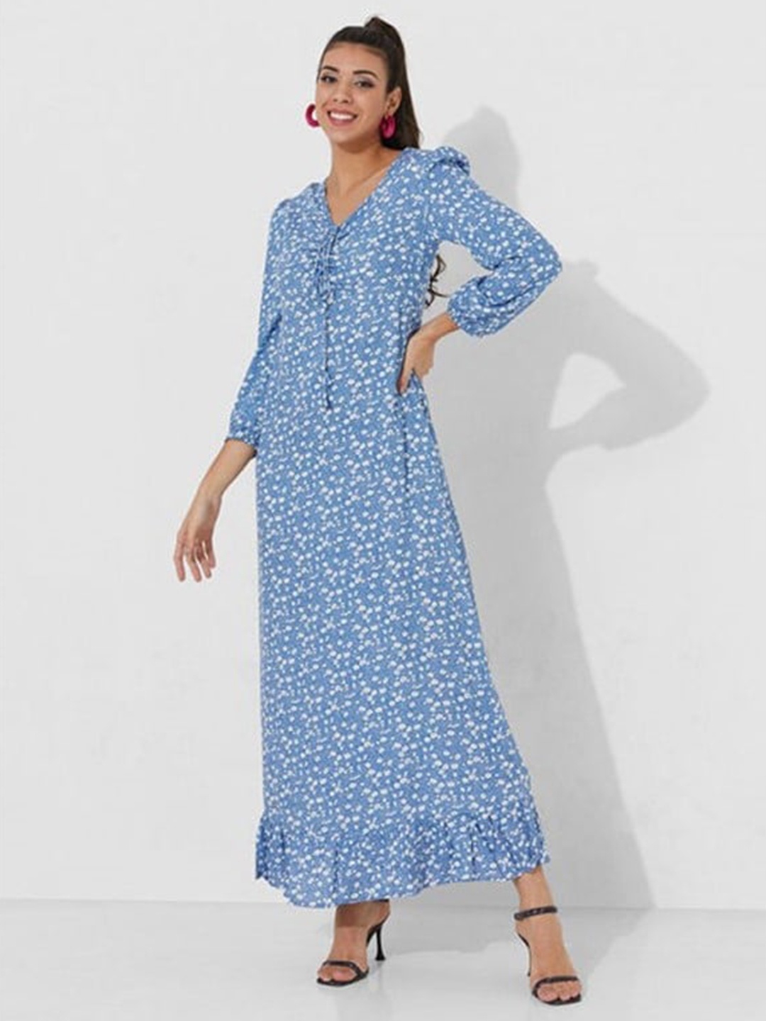 

Aila Floral Printed Puff Sleeve Maxi Dress, Blue
