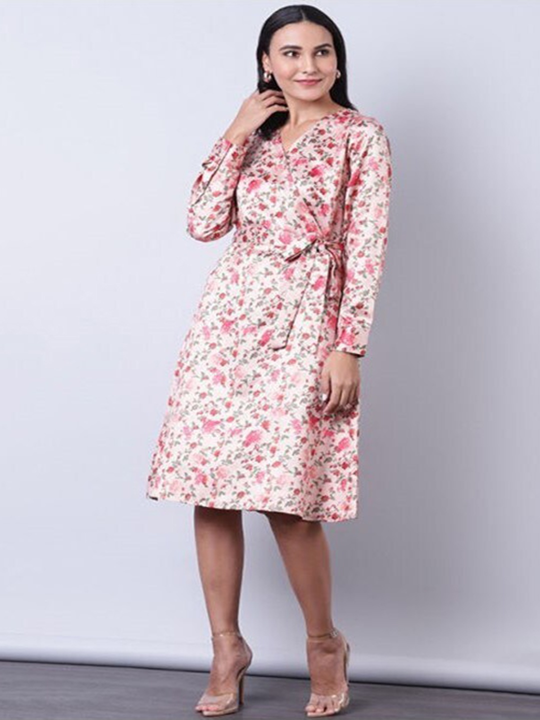

Aila Floral Printed V-Neck Long Sleeves Belted A-Line Dress, Pink