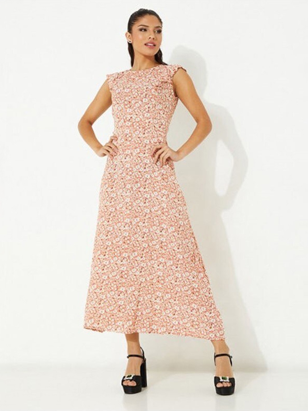 

Aila Floral Printed Ruffles Detailed A-Line Midi Dress, Peach