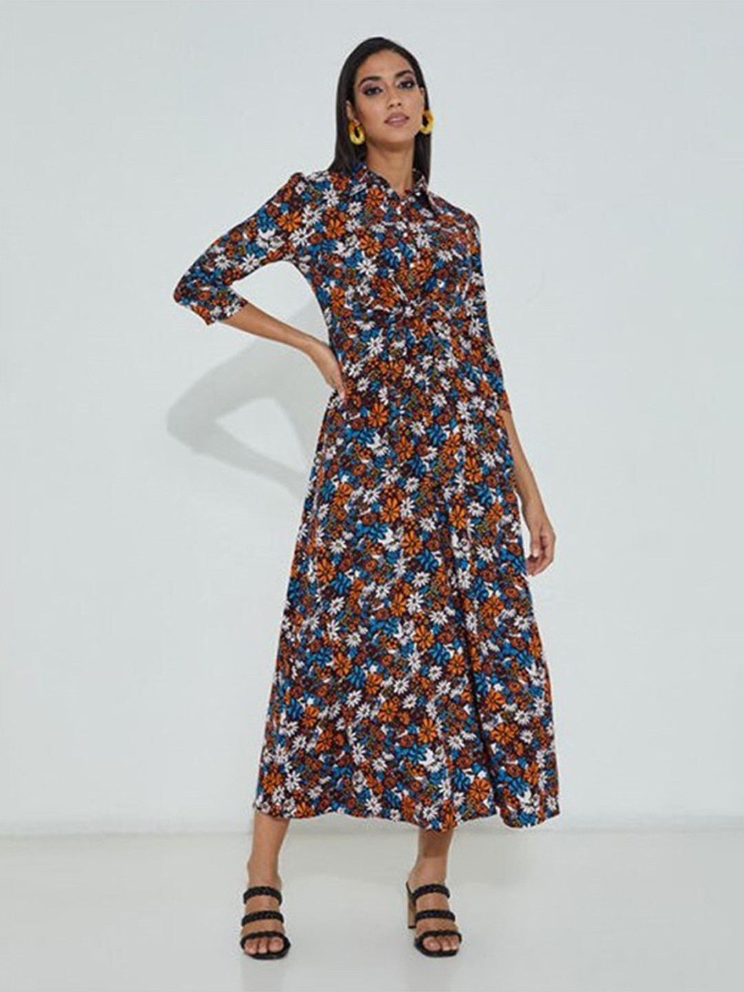 

Aila Floral Printed Shirt Collar Tie-Ups Fit & Flare Dress, Brown