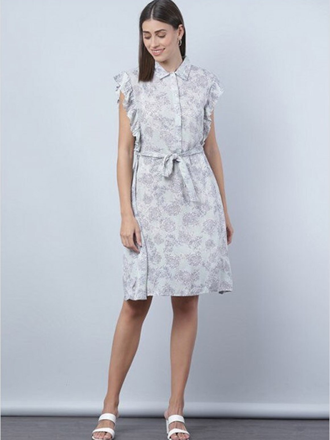 

Aila Floral Print Flutter Sleeves Tie-Ups A-Line Dress, Grey