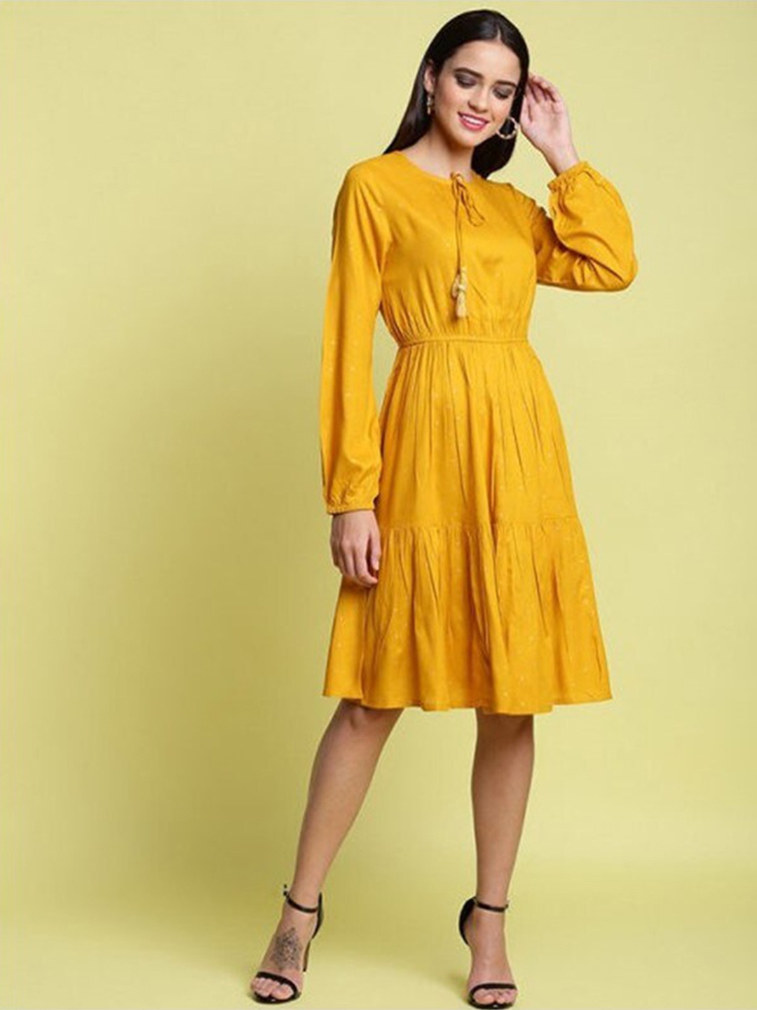 

Aila Tie-Up Neck Puff Sleeves Gathered Detailed Fit & Flare Dress, Mustard