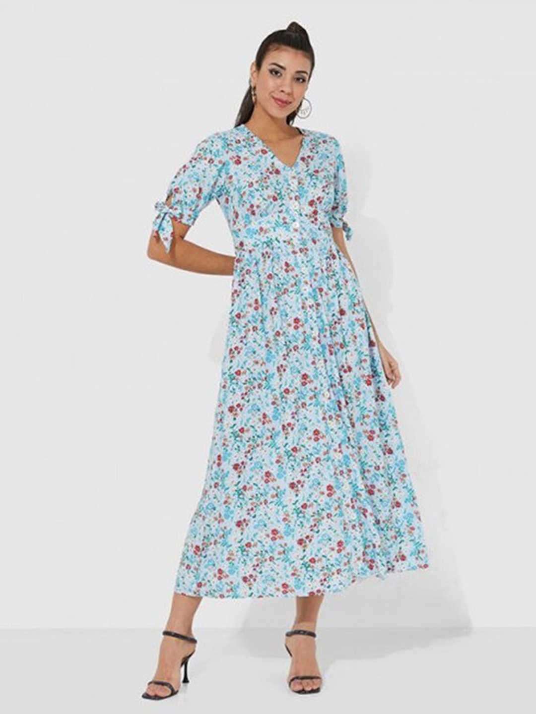 

Aila Floral Printed A-Line Midi Dress, Blue