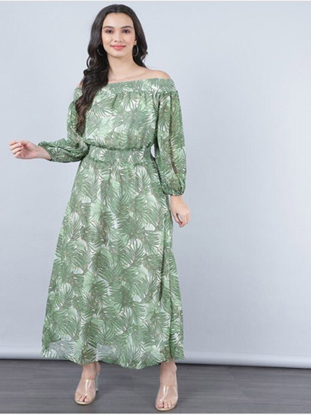 

Aila Tropical Printed Off-Shoulder Puff Sleeves Maxi Dress, Green
