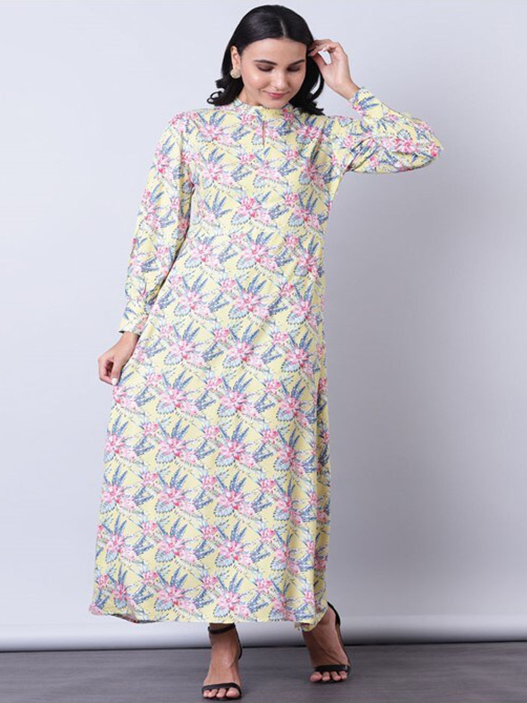 

Aila Floral Print High Neck Cuffed Sleeves A-Line Dress, Green