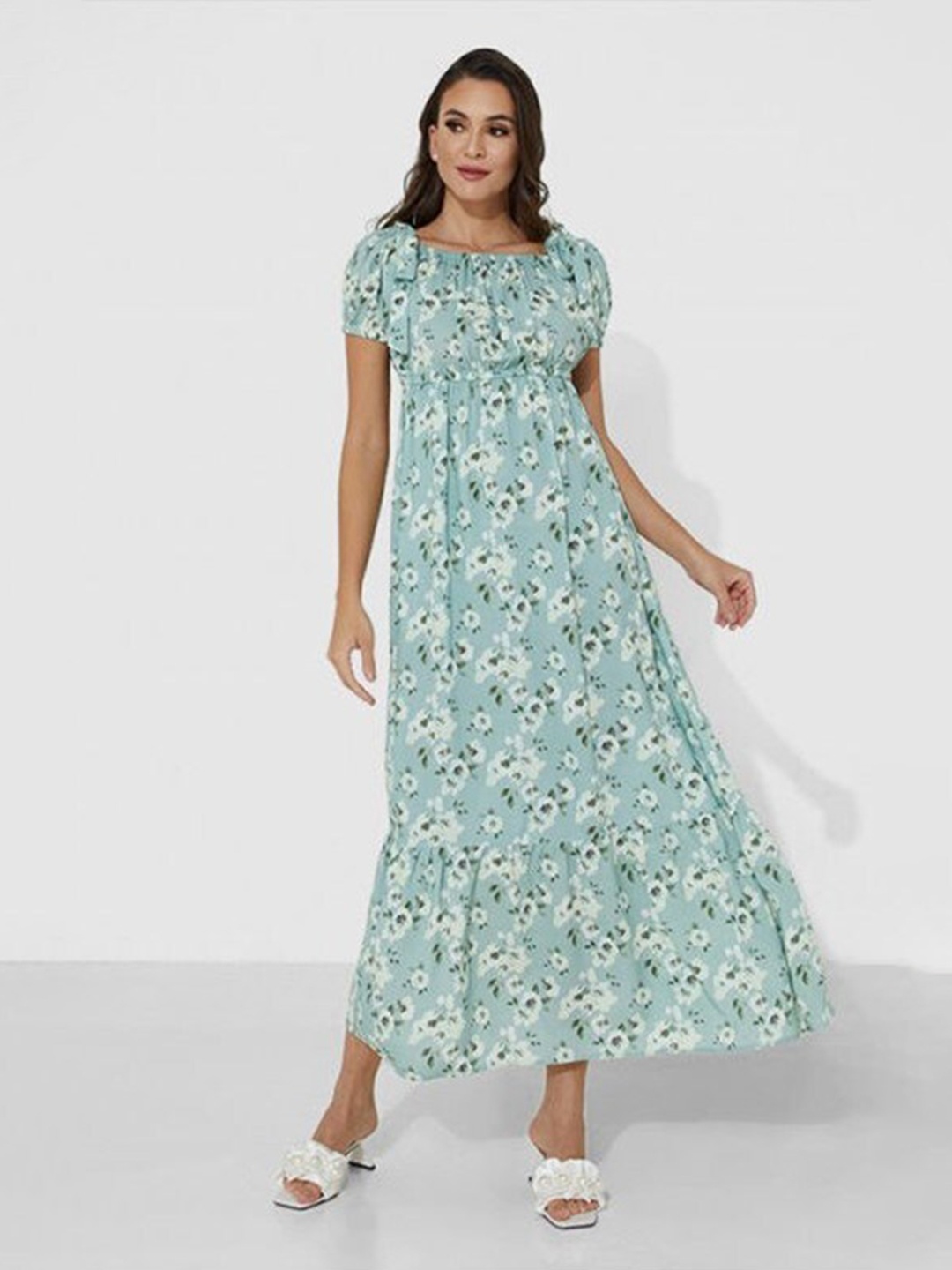 

Aila Floral Printed Square Neck Puff Sleeves A-line Dress, Green