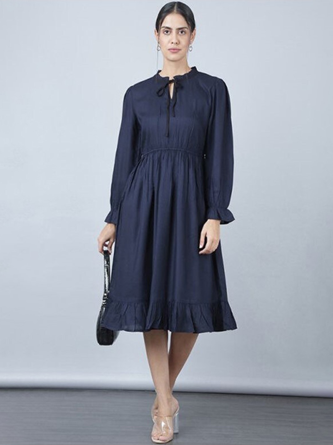 

Aila Tie-Up Neck Cuffed Sleeves Pleated Fit & Flare Midi Dress, Navy blue