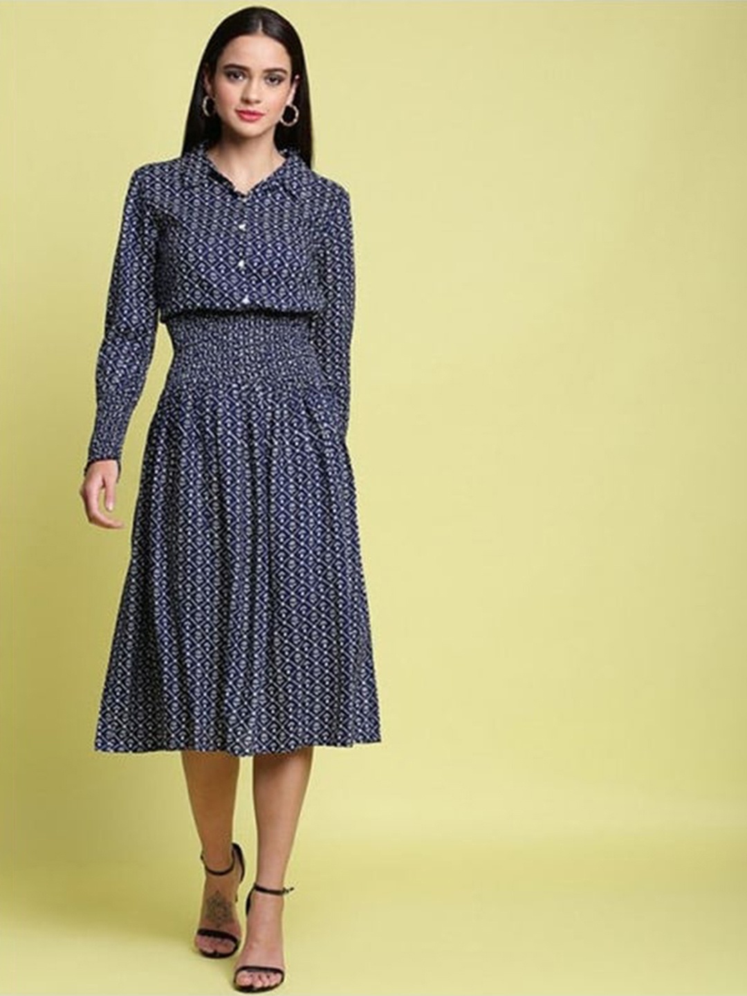 

Aila Geometric Printed Shirt Collar Fit & Flare Midi Dress, Navy blue