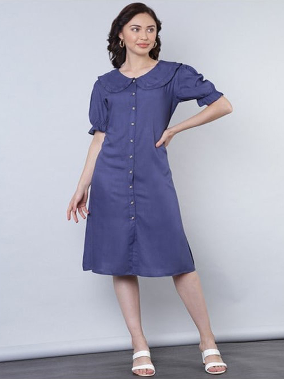 

Aila Peter Pan Collar Puff Sleeve Midi Shirt Style Dress, Navy blue
