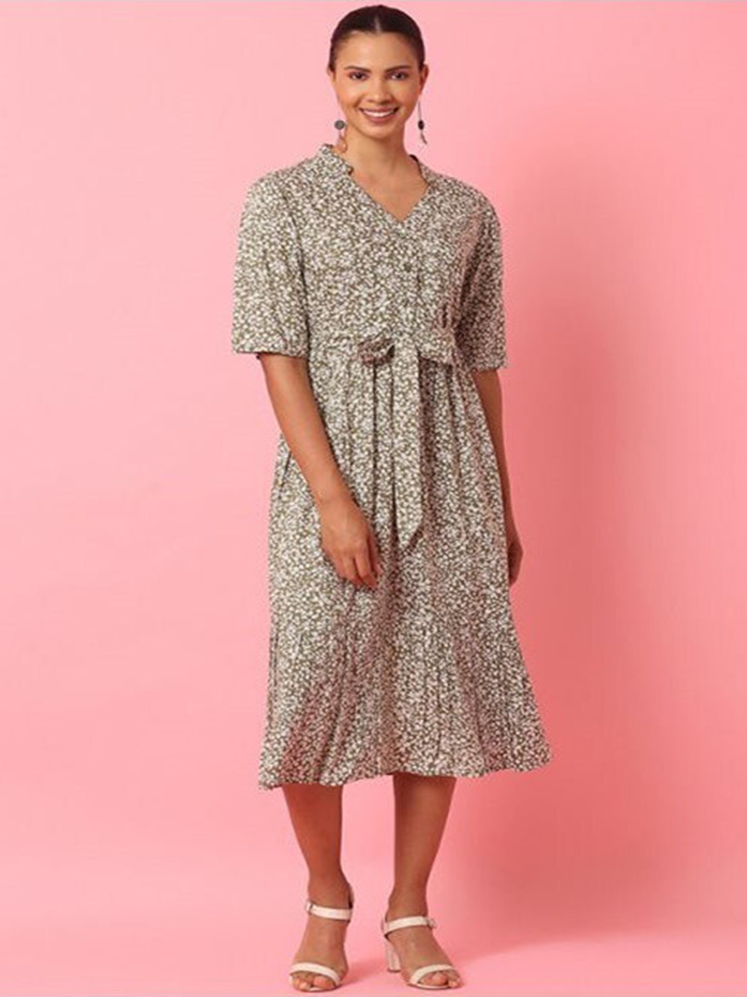 

Aila Floral Printed Tie Up Mandarin Collar A-Line Dress, Grey