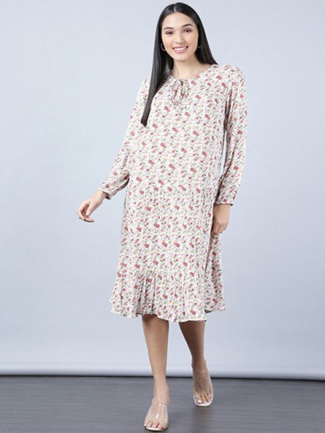 

Aila Floral Printed Tie-Up Neck A-Line Midi Dress, White