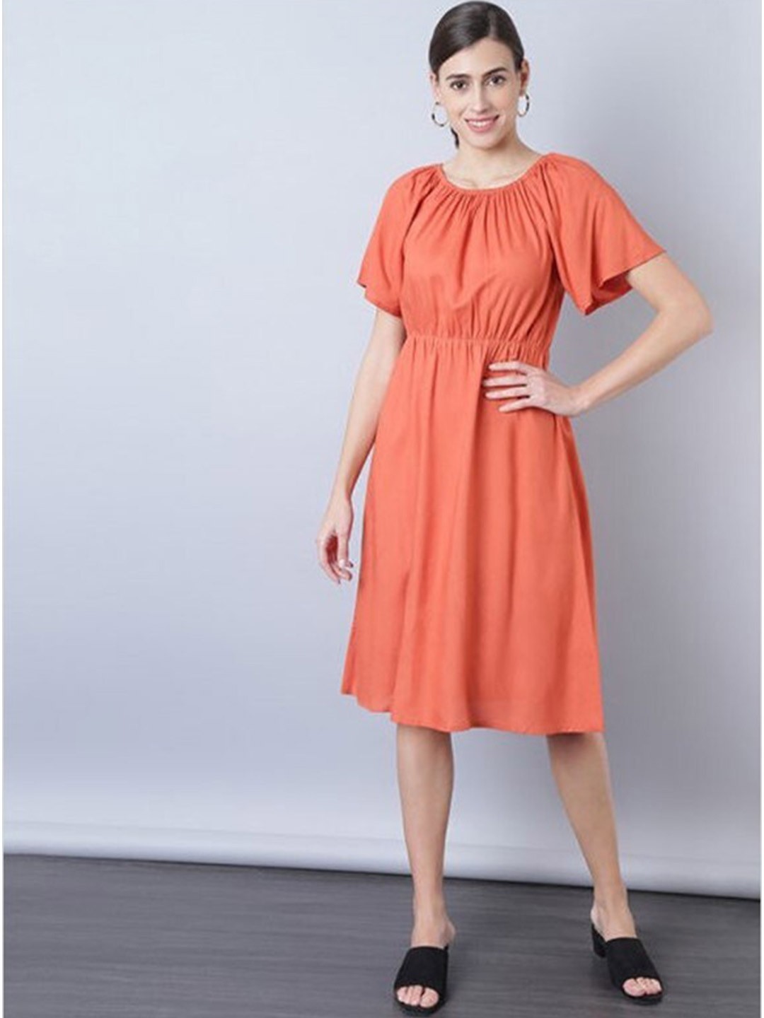 

Aila Flared Sleeves Gathered Fit & Flare Dress, Rust