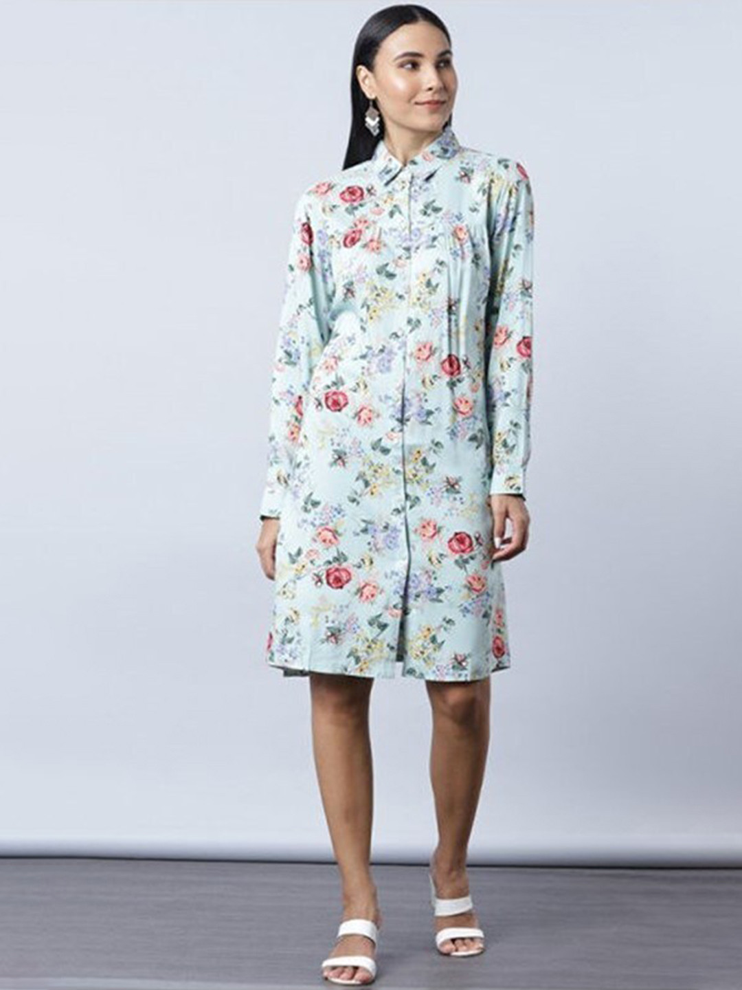 

Aila Floral Printed Shirt Collar Cuffed Sleeves Shirt Midi Dress, Blue
