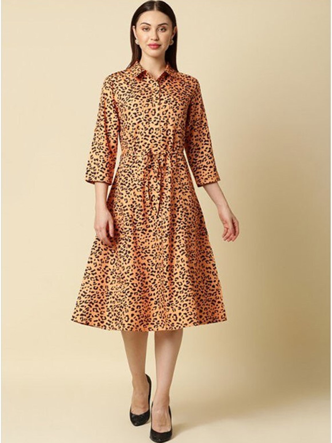 

Aila Animal Printed Tie Ups Cotton Shirt Dress, Peach