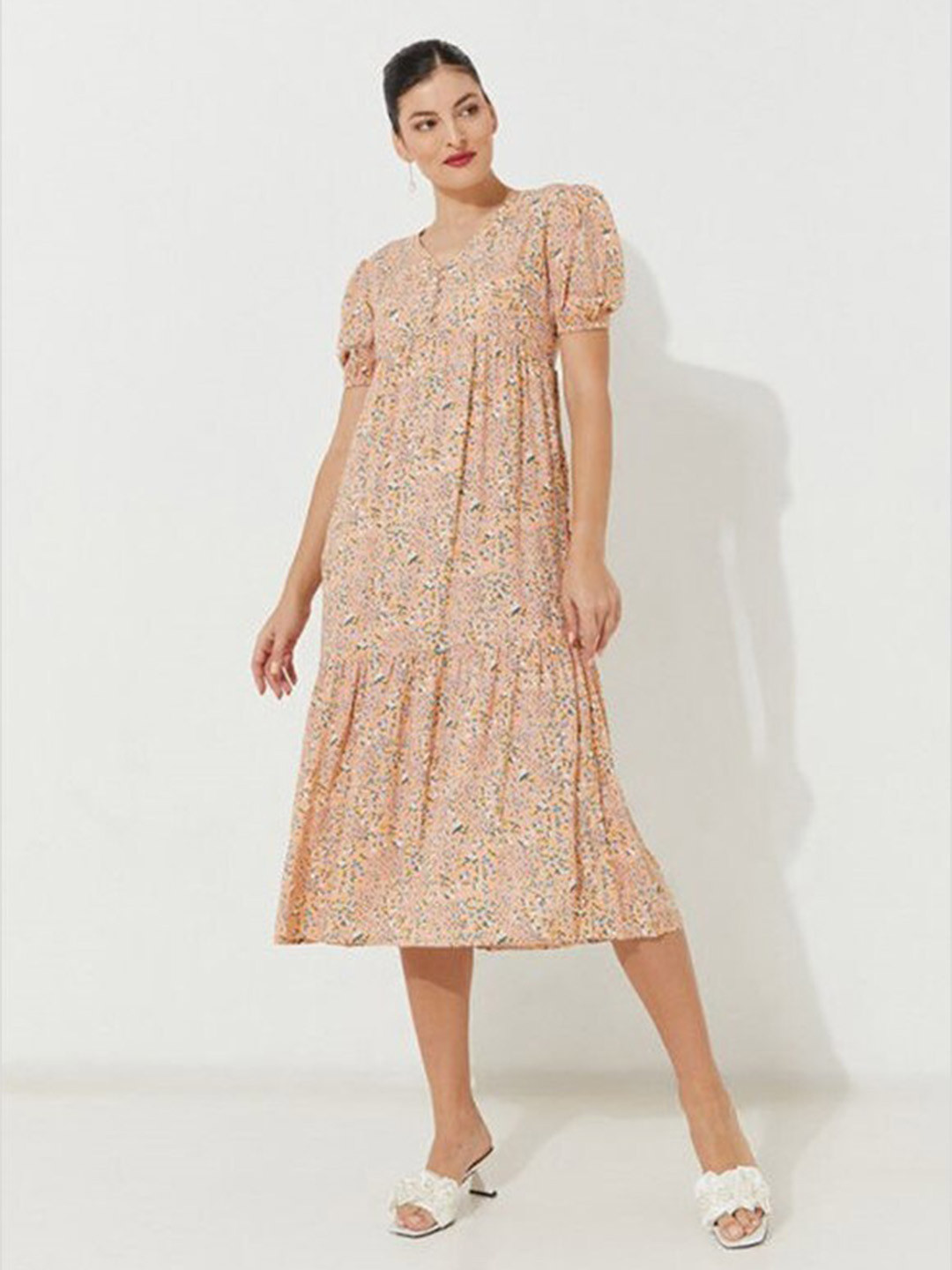 

Aila Floral Printed V-Neck Puff Sleeve A-Line Midi Dress, Orange