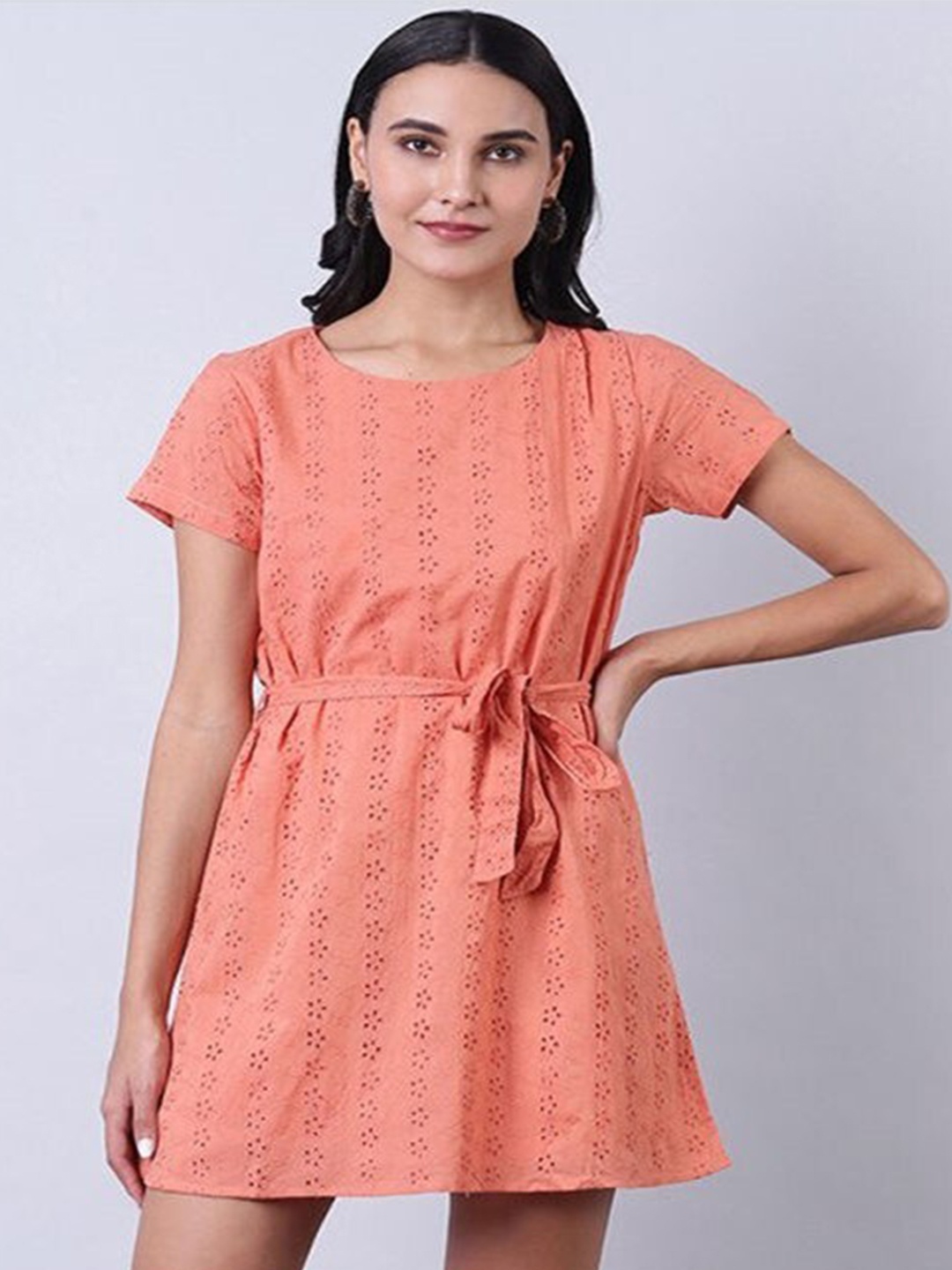 

Aila Self Design A-Line Mini Dress, Peach