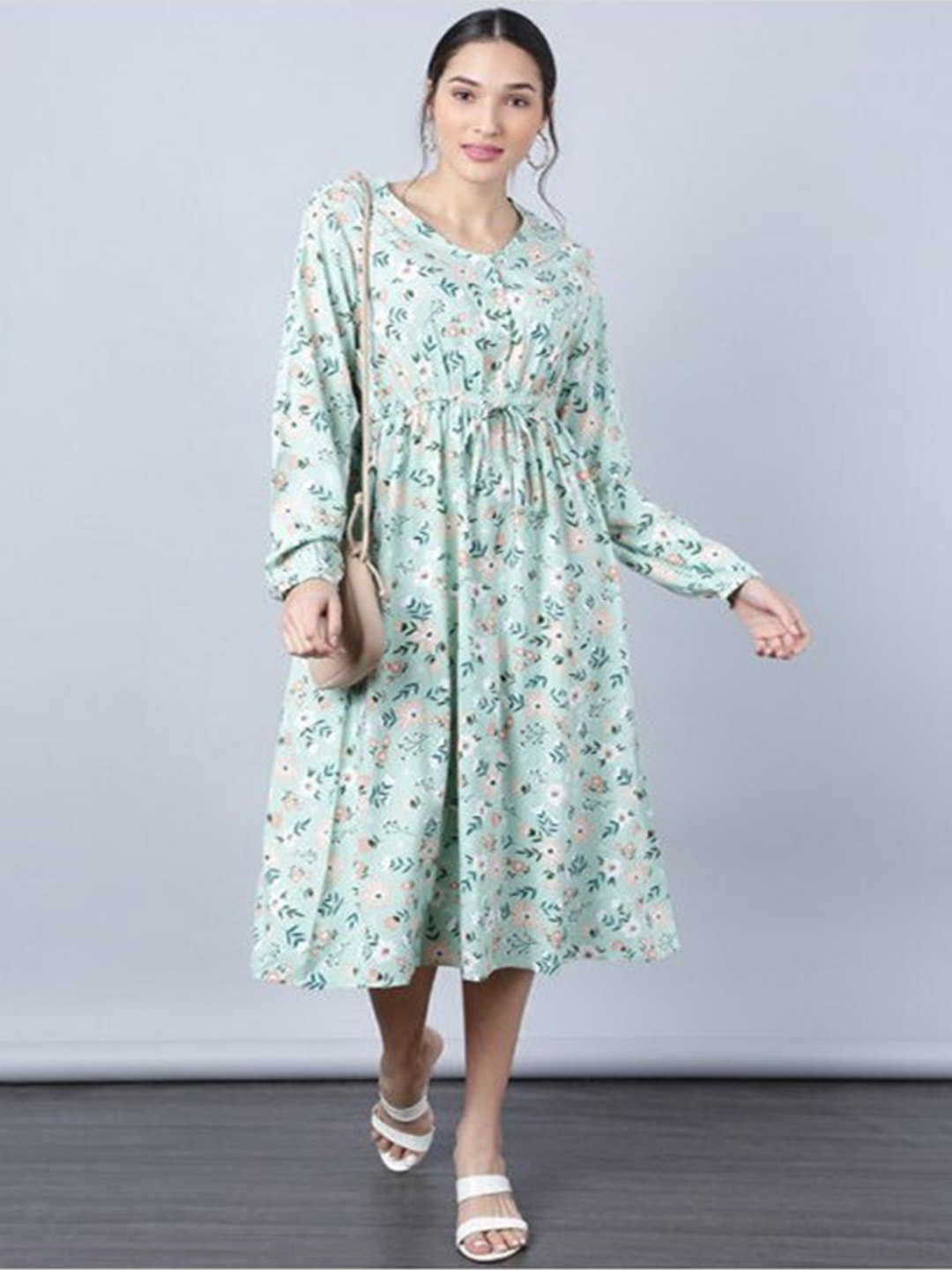 

Aila Floral Printed Cuffed Sleeves Fit & Flare Midi Dress, Sea green