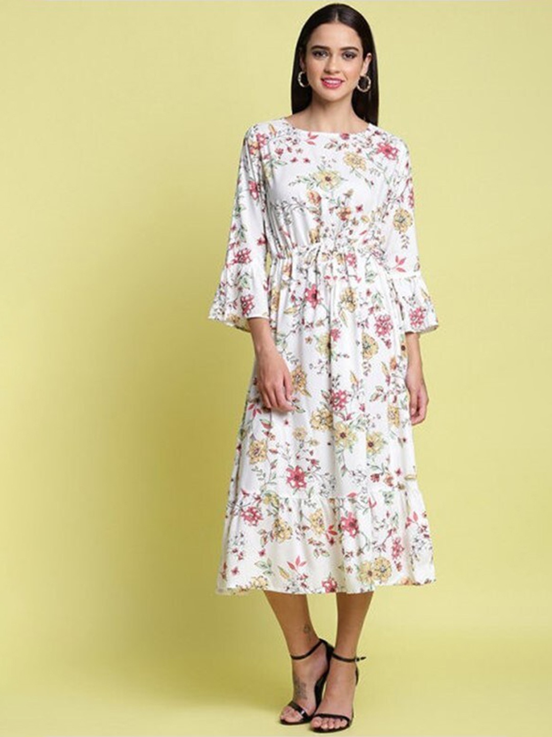 

Aila Floral Print Bell Sleeves Pleated Fit & Flare Dress, White