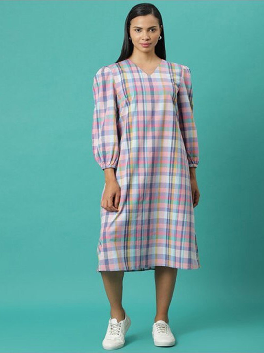 

Aila Checked V-Neck Cotton A-Line Midi Dress, Pink