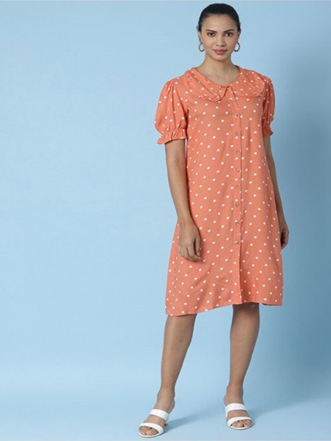 

Aila Polka Dots Printed Puff Sleeves Peter Pan Collar A-Line Dress, Peach