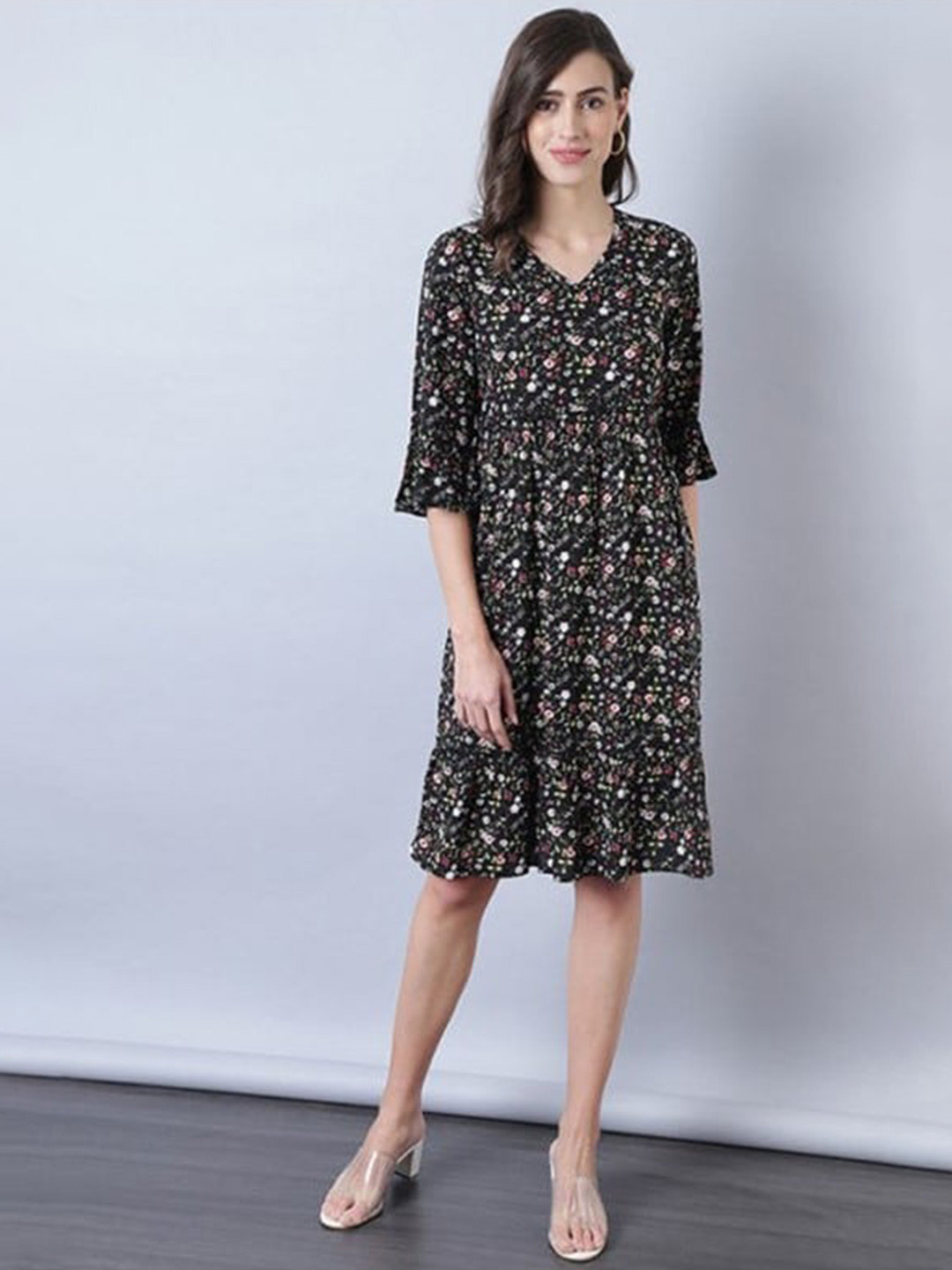 

Aila Floral Printed Bell Sleeves Cotton Fit & Flare Dress, Black