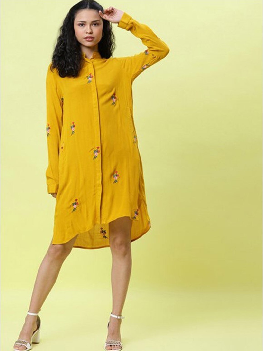 

Aila Floral Embroidered Cotton Shirt Style Dress, Mustard