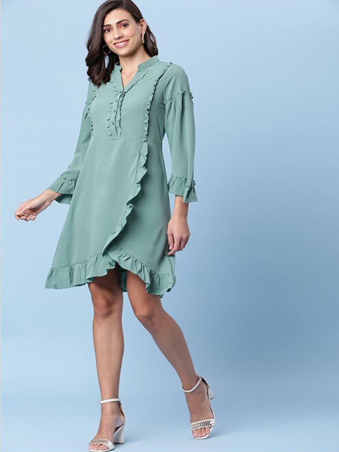 

Aila Mandarin Collar Cotton Ruffled A-Line Dress, Green