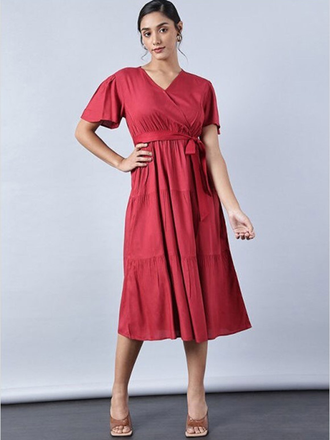 

Aila Flared Sleeve Fit & Flare Midi Dress, Burgundy