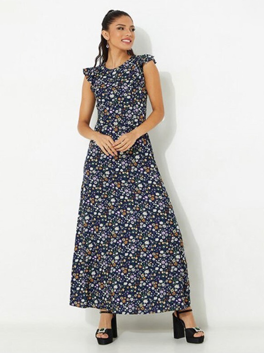 

Aila Floral Printed Cotton A-Line Maxi Dress, Blue
