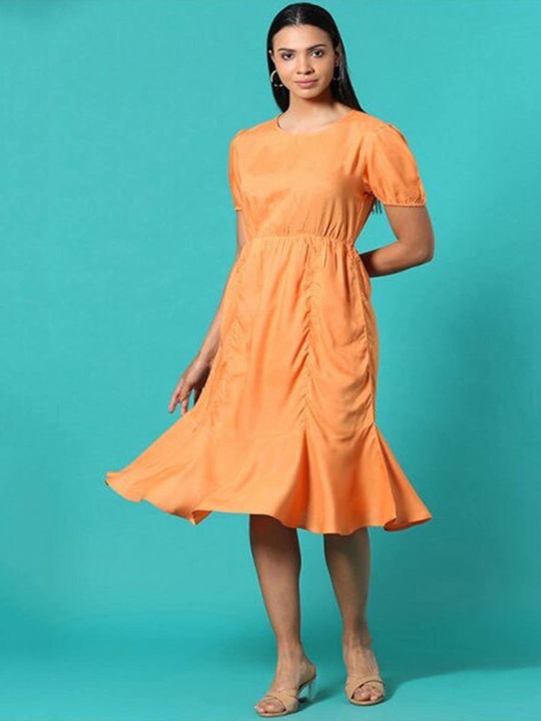 

Aila Round Neck Fit & Flare Dress, Orange