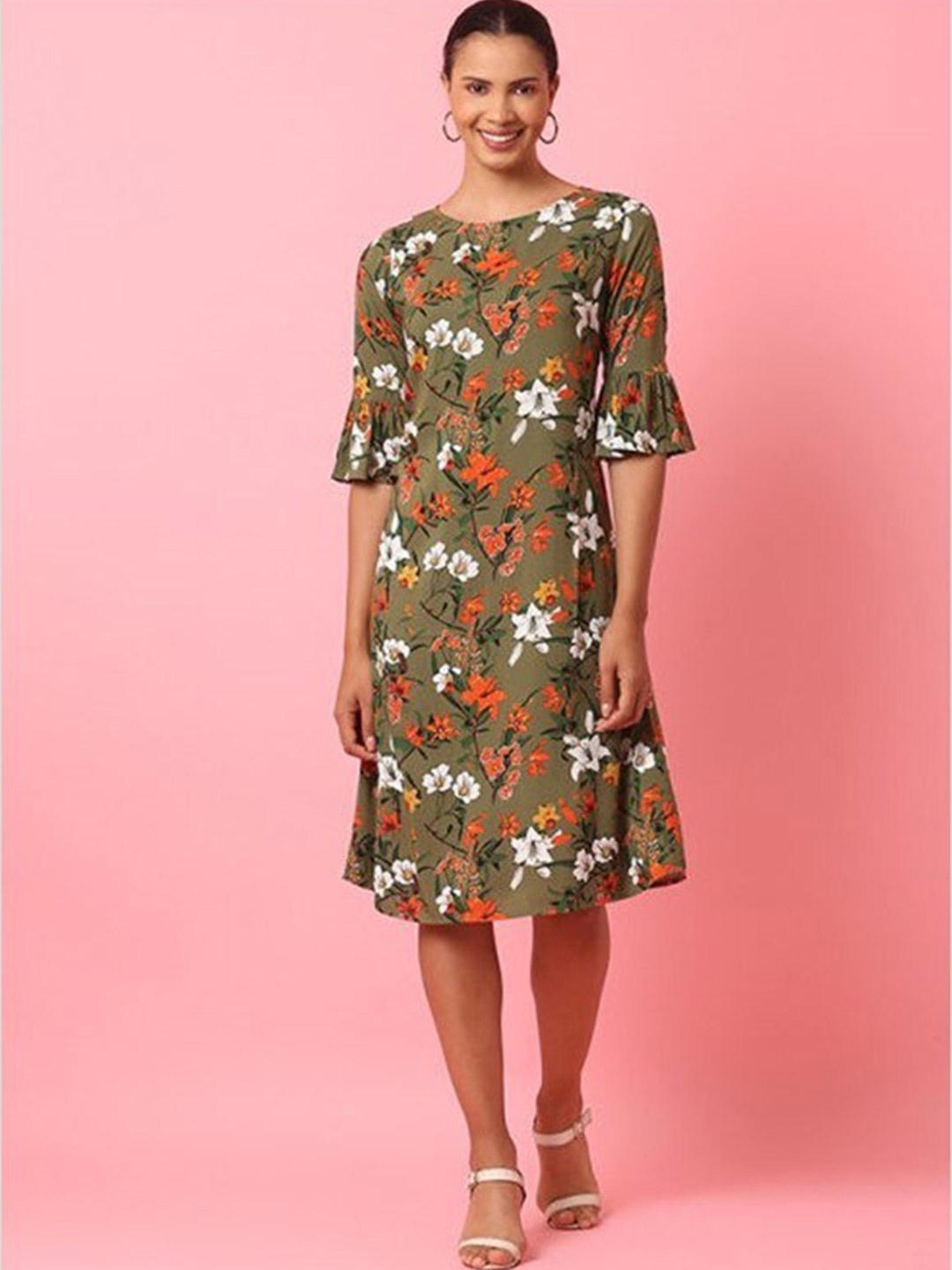 

Aila Floral Printed A-Line Midi Dress, Green