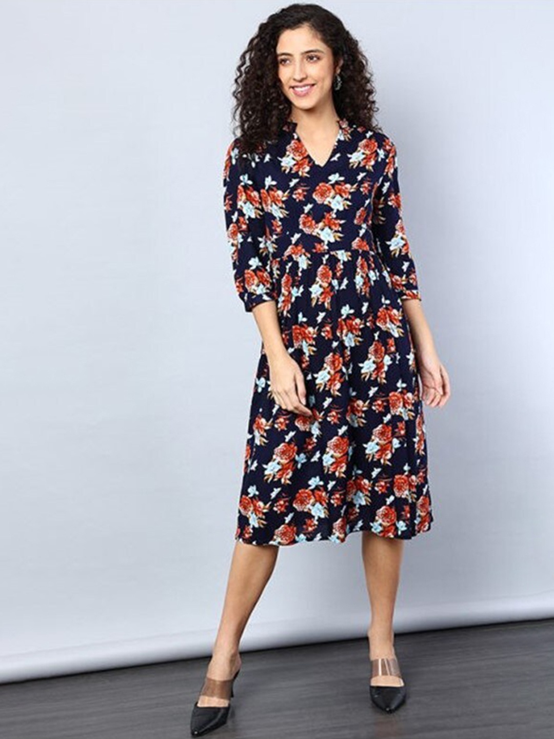 

Aila Floral Printed Mandarin Collar A-Line Dress, Navy blue