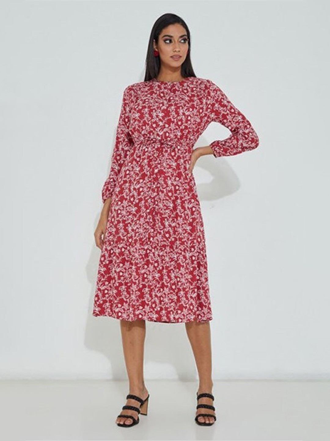 

Aila Floral Printed Puff Sleeve A-Line Midi Dress, Red