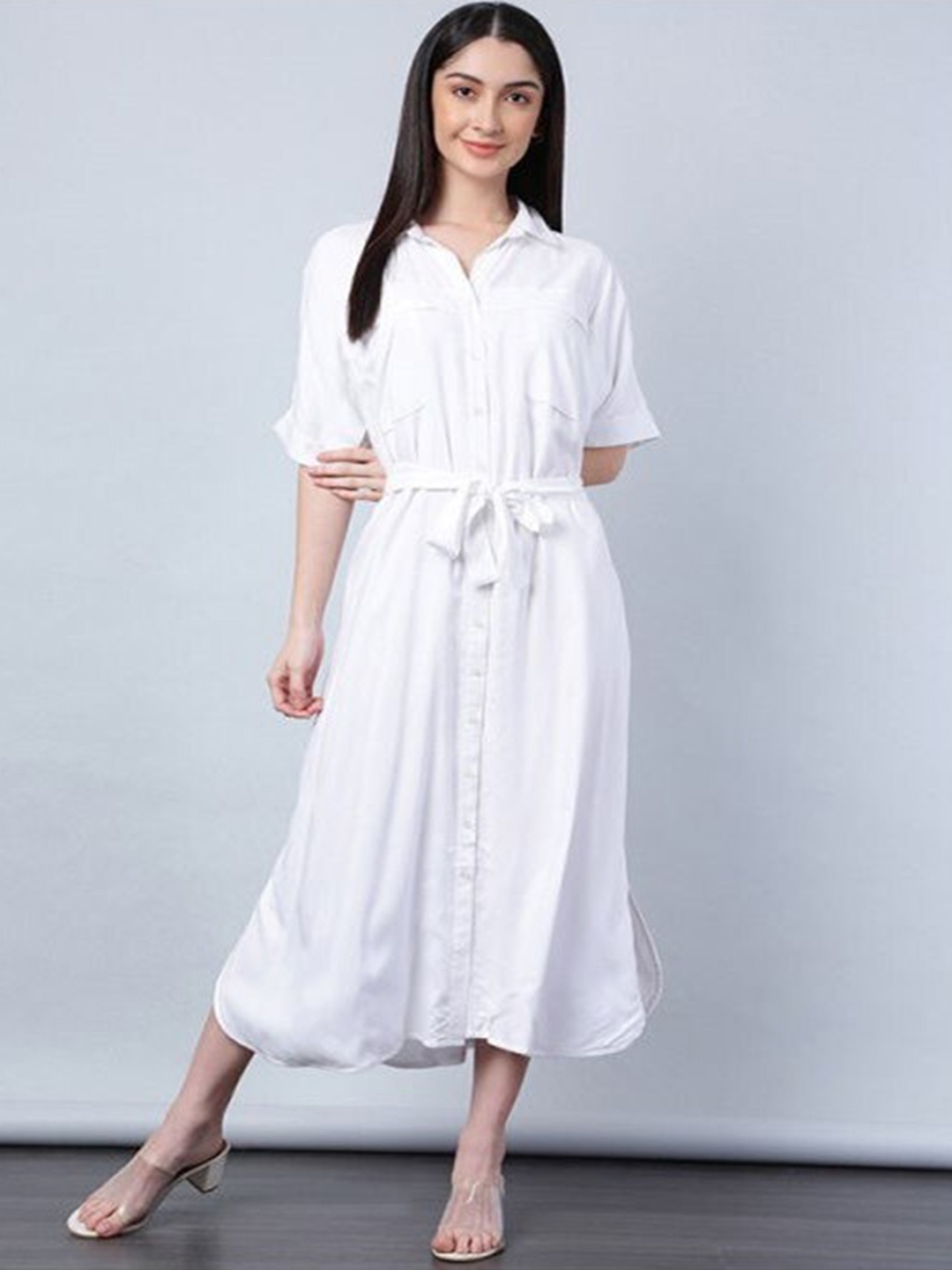 

Aila Shirt Collar A-Line Midi Dress, White