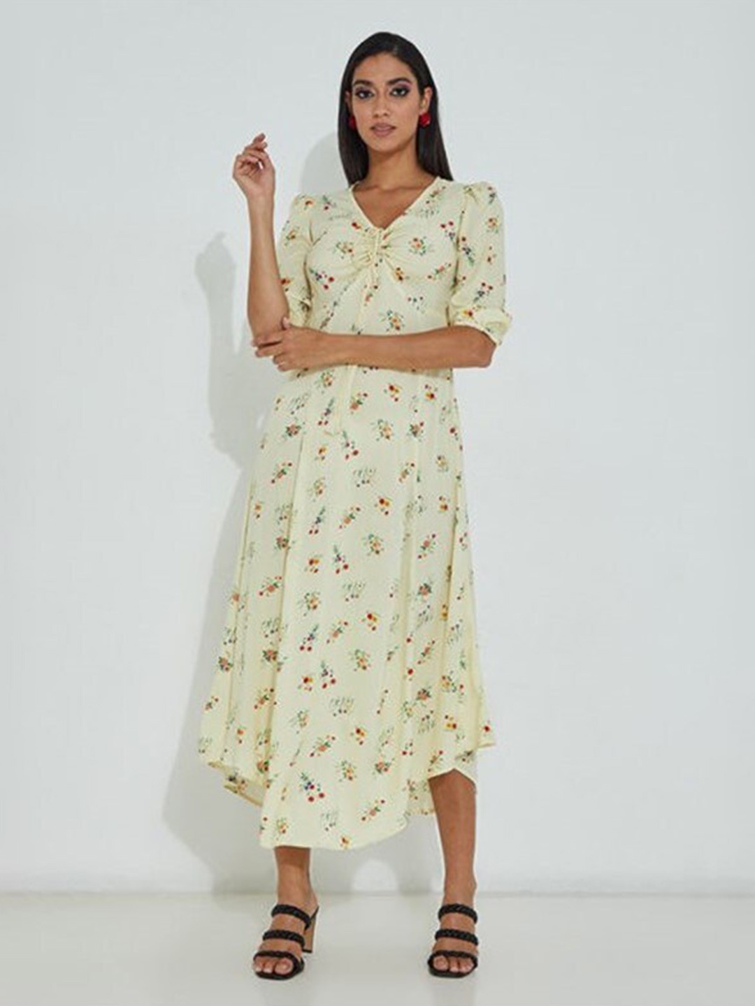 

Aila Floral Printed A-Line Midi Dress, Yellow