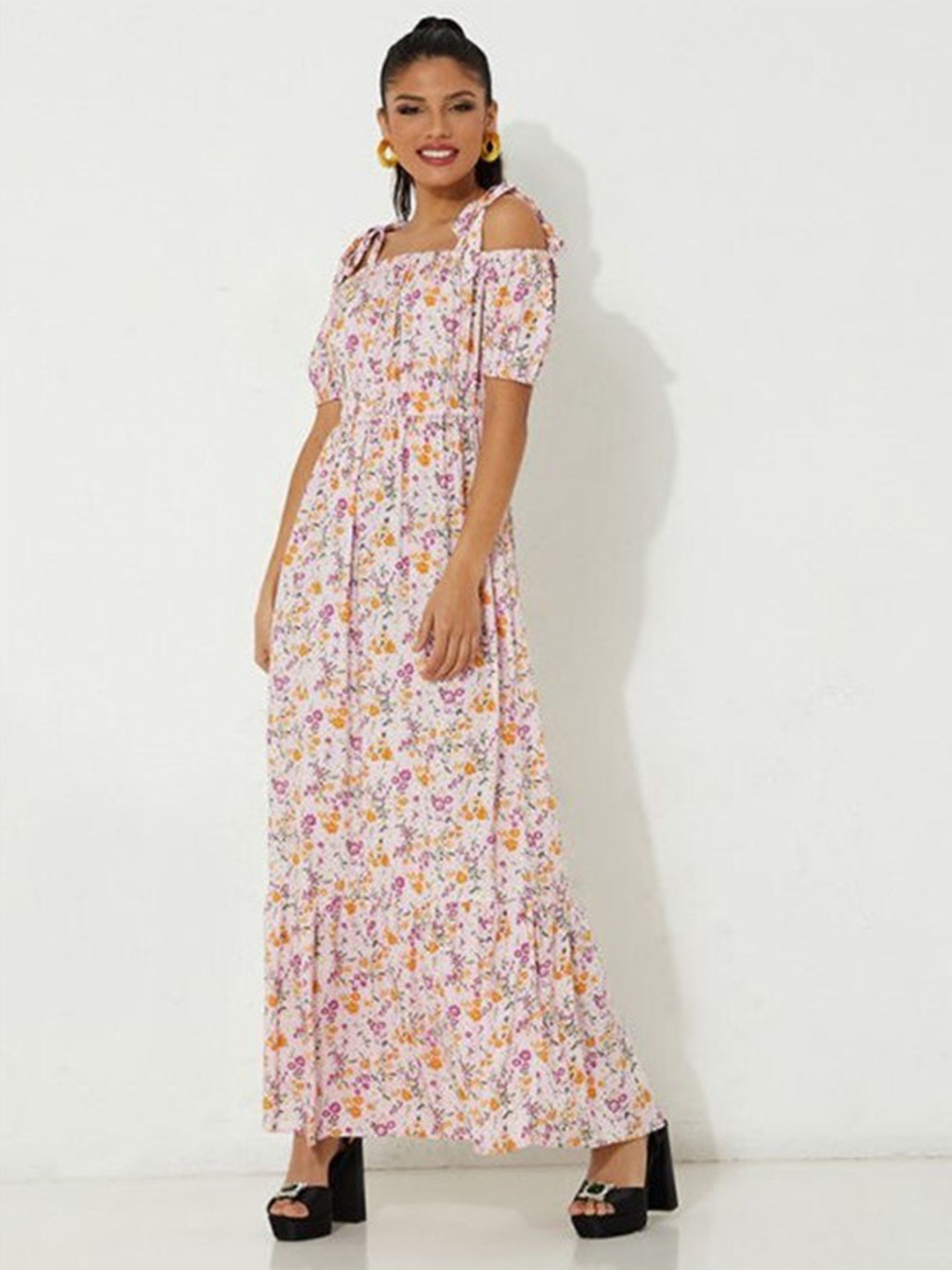 

Aila White & Pink Floral Printed Cold-Shoulder Maxi Dress