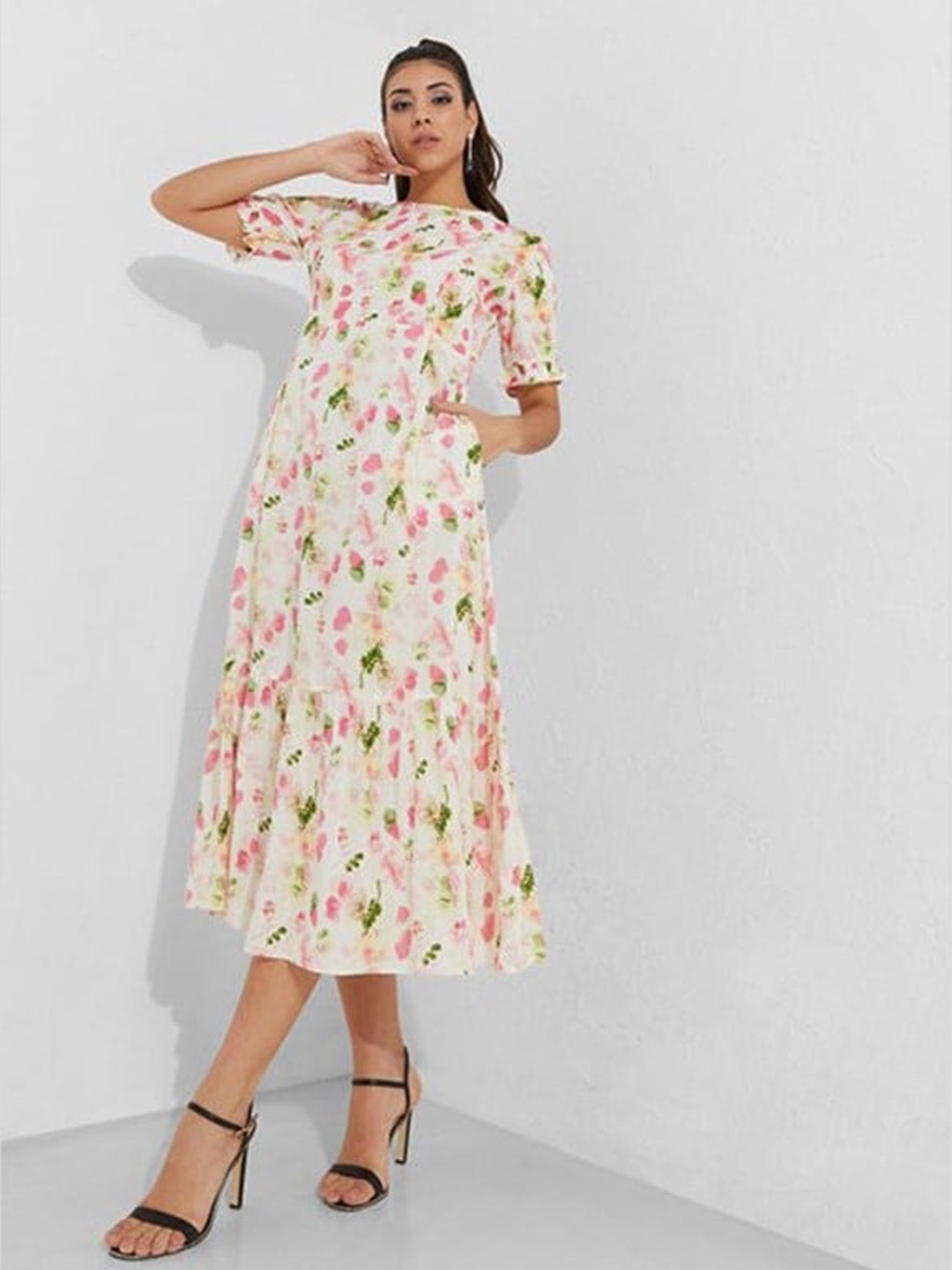 

Aila Floral Printed Boat Neck Fit & Flare Midi Dress, White