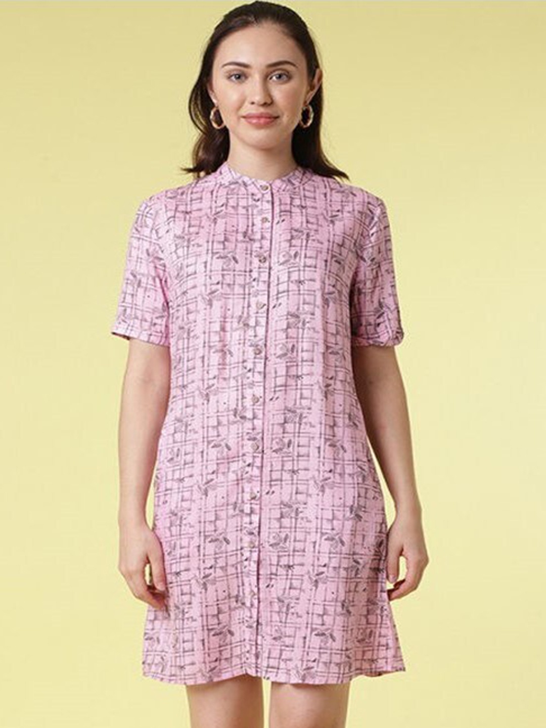 

Aila Floral Printed Cotton Shirt Style Dress, Pink