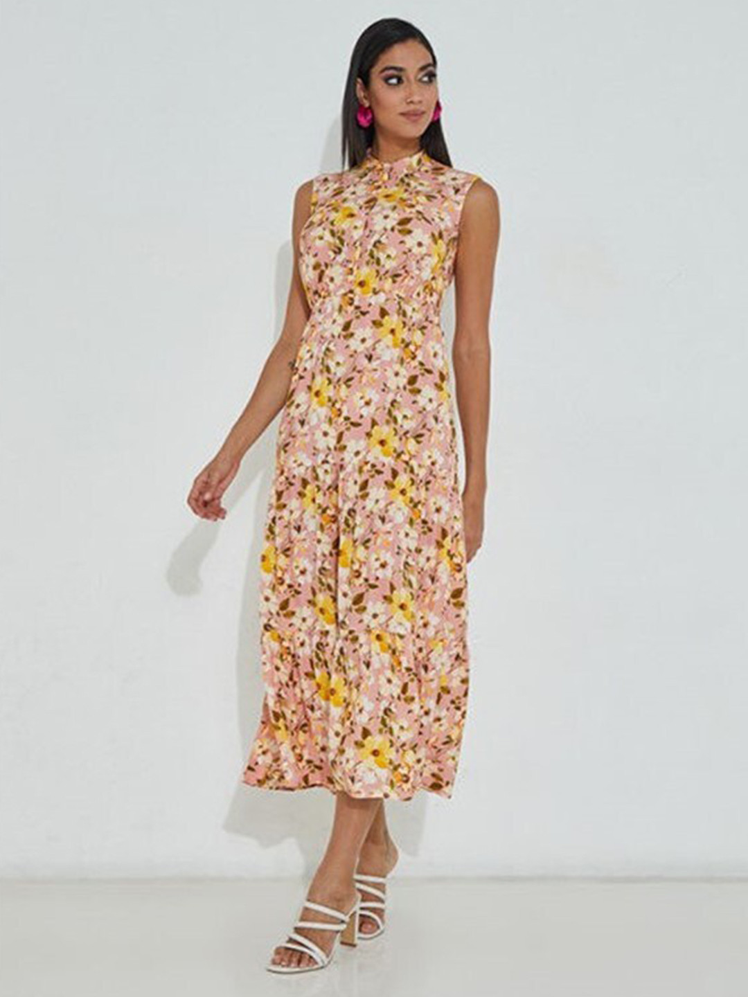 

Aila Floral Printed Sleeveless Cotton A Line Midi Dress, Peach