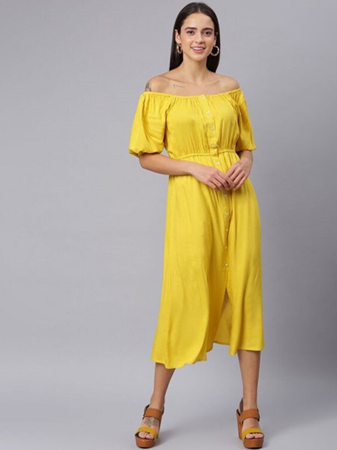 

Aila Off-Shoulder Cotton Fit & Flare Midi Dress, Yellow