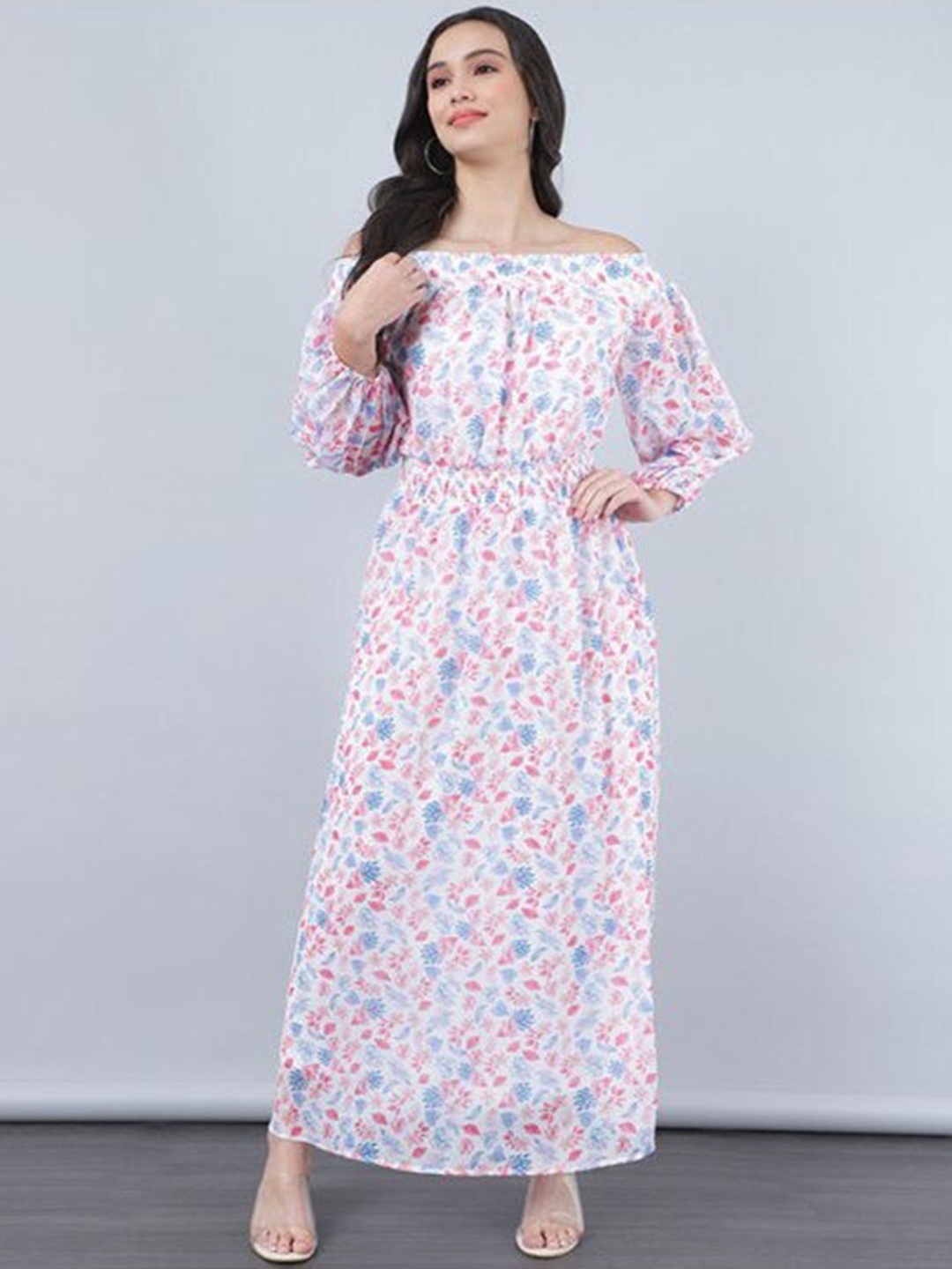 

Aila Floral Printed Off-Shoulder A-Line Maxi Dress, White