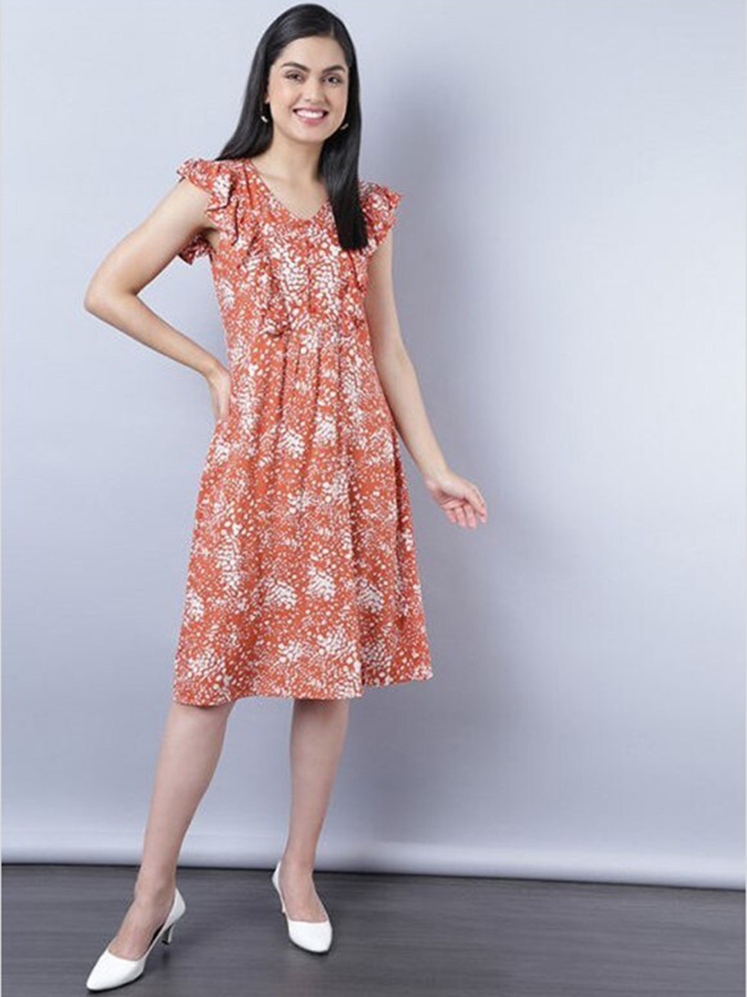 

Aila Abstract Printed Ruffles Cotton A-Line Dress, Brown