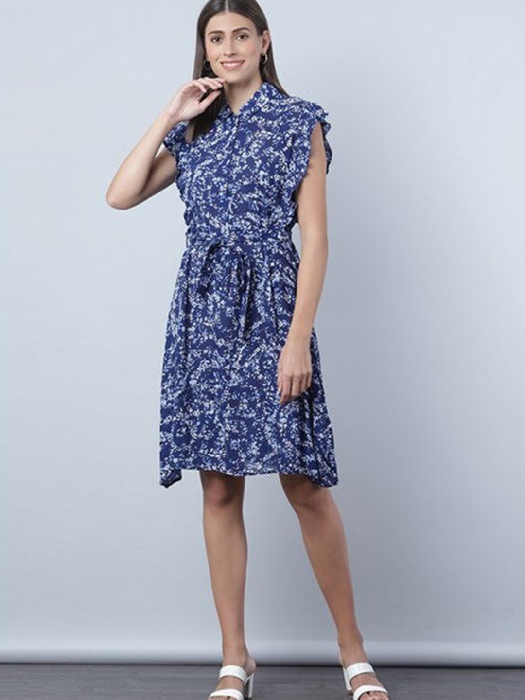 

Aila Floral Printed Flutter Sleeves A-Line Dress, Blue