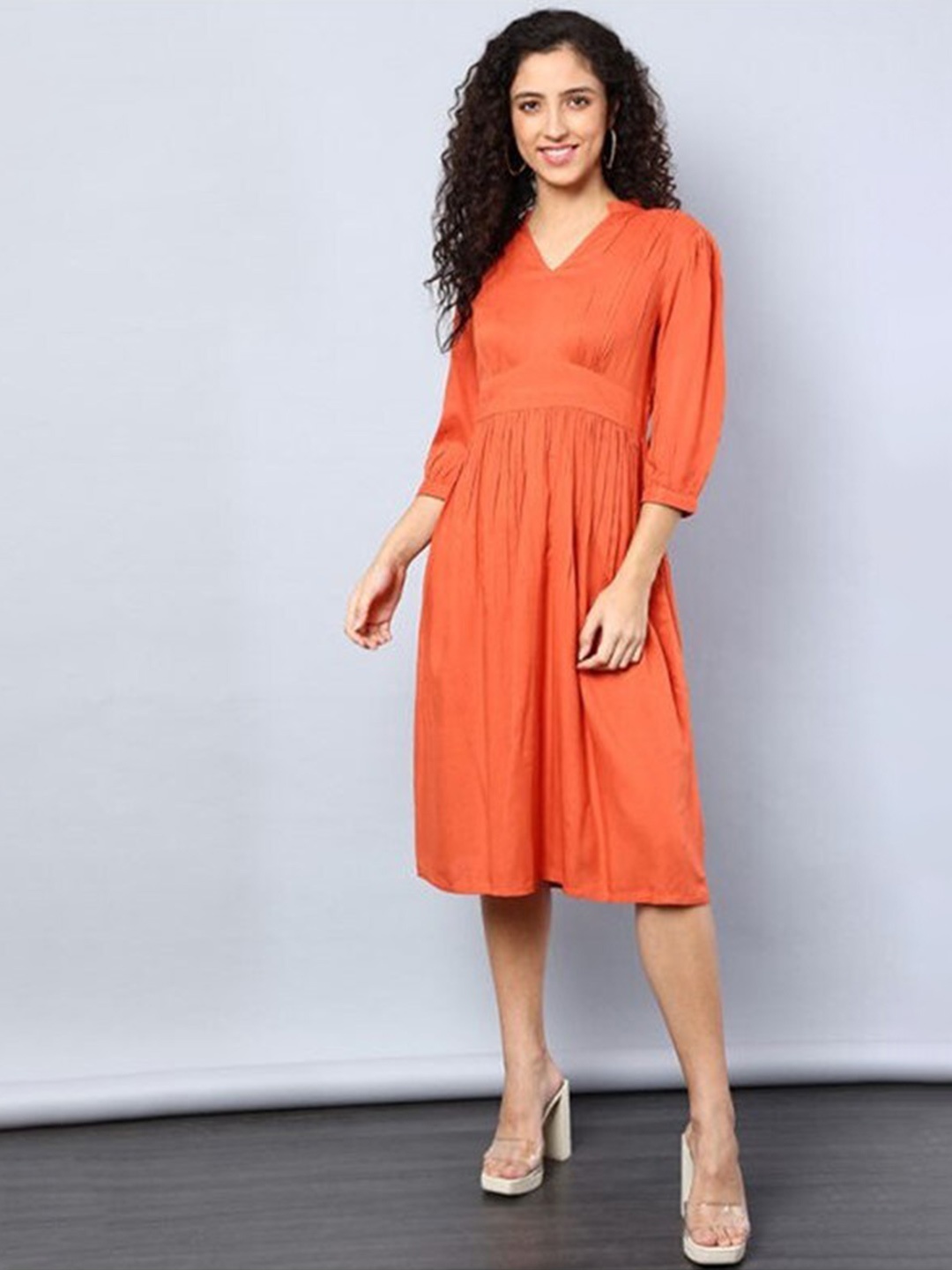 

Aila Mandarin Collar Fit & Flare Dress, Orange