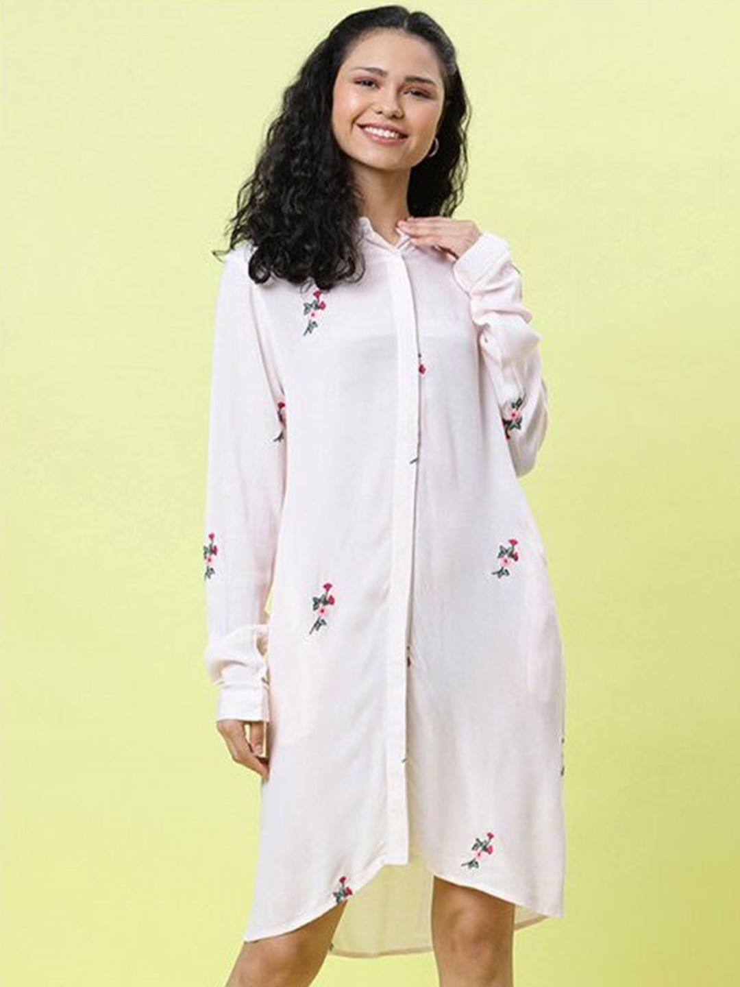 

Aila Floral Embroidered Band Collar Gathered Detailed A-Line Dress, White
