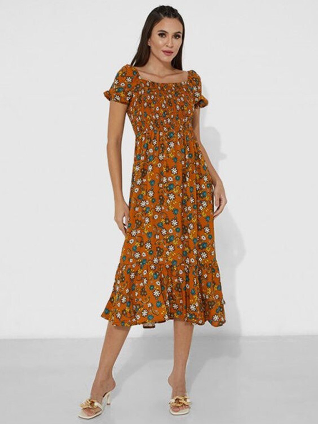 

Aila Floral Printed Smocked Fit & Flare Midi Dress, Mustard
